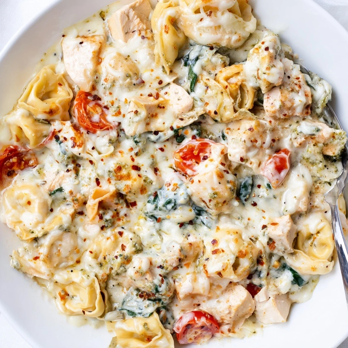 A steaming Slow Cooker Tortellini Casserole With Cheesy Chicken Pesto, basil aroma