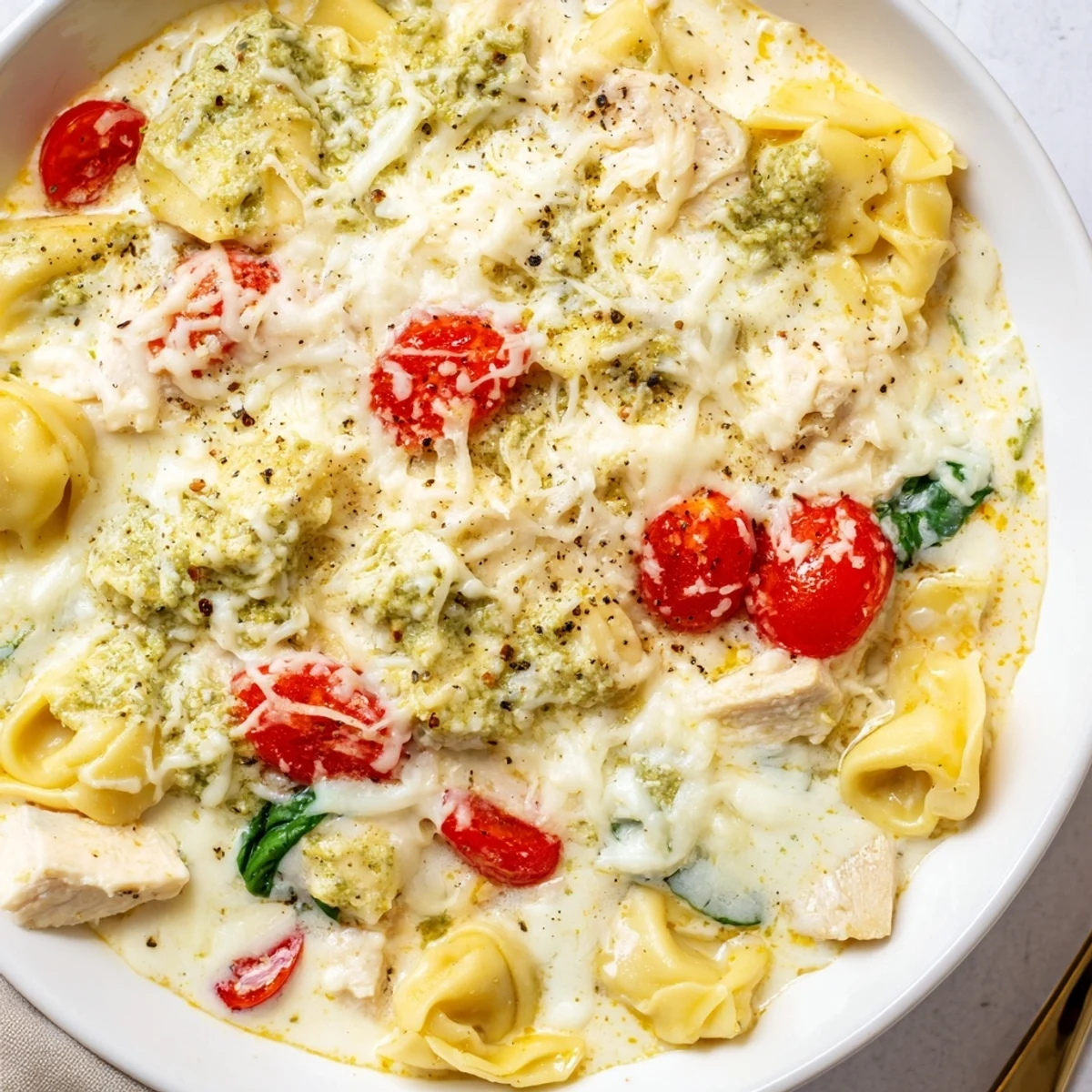 Weeknight Slow Cooker Tortellini Casserole With Cheesy Chicken Pesto, melty cheese and spinach