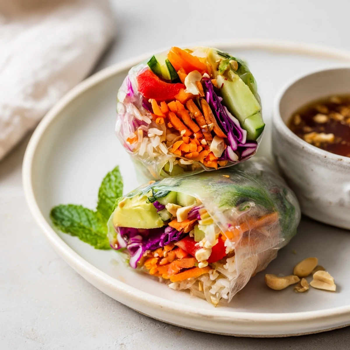 Gluten Free Vegetable Spring Rolls arranged on a platter with dipping sauce