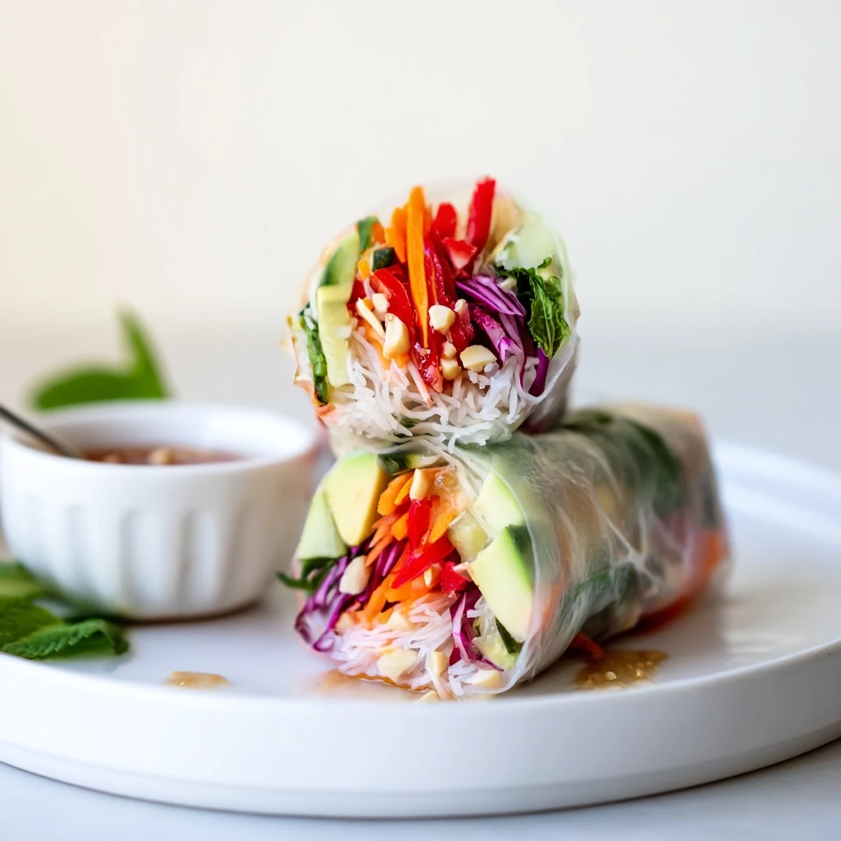 Fresh Gluten Free Vegetable Spring Rolls bursting with crunchy vegetables and herbs