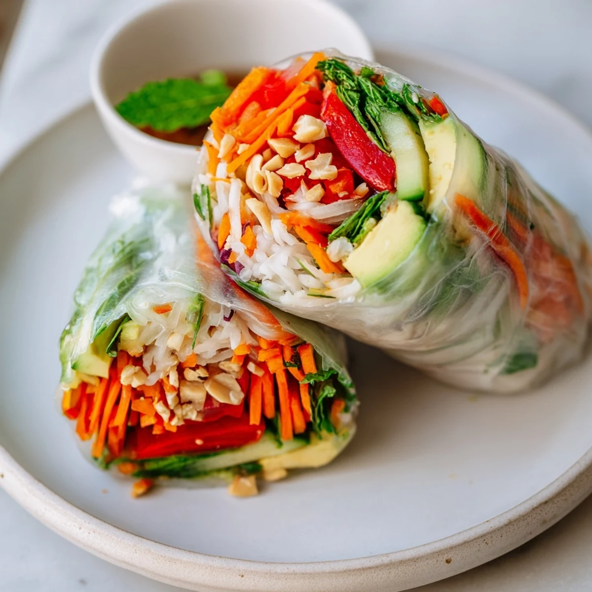 Hand-rolled Gluten Free Vegetable Spring Rolls served immediately with tangy ginger dipping sauce