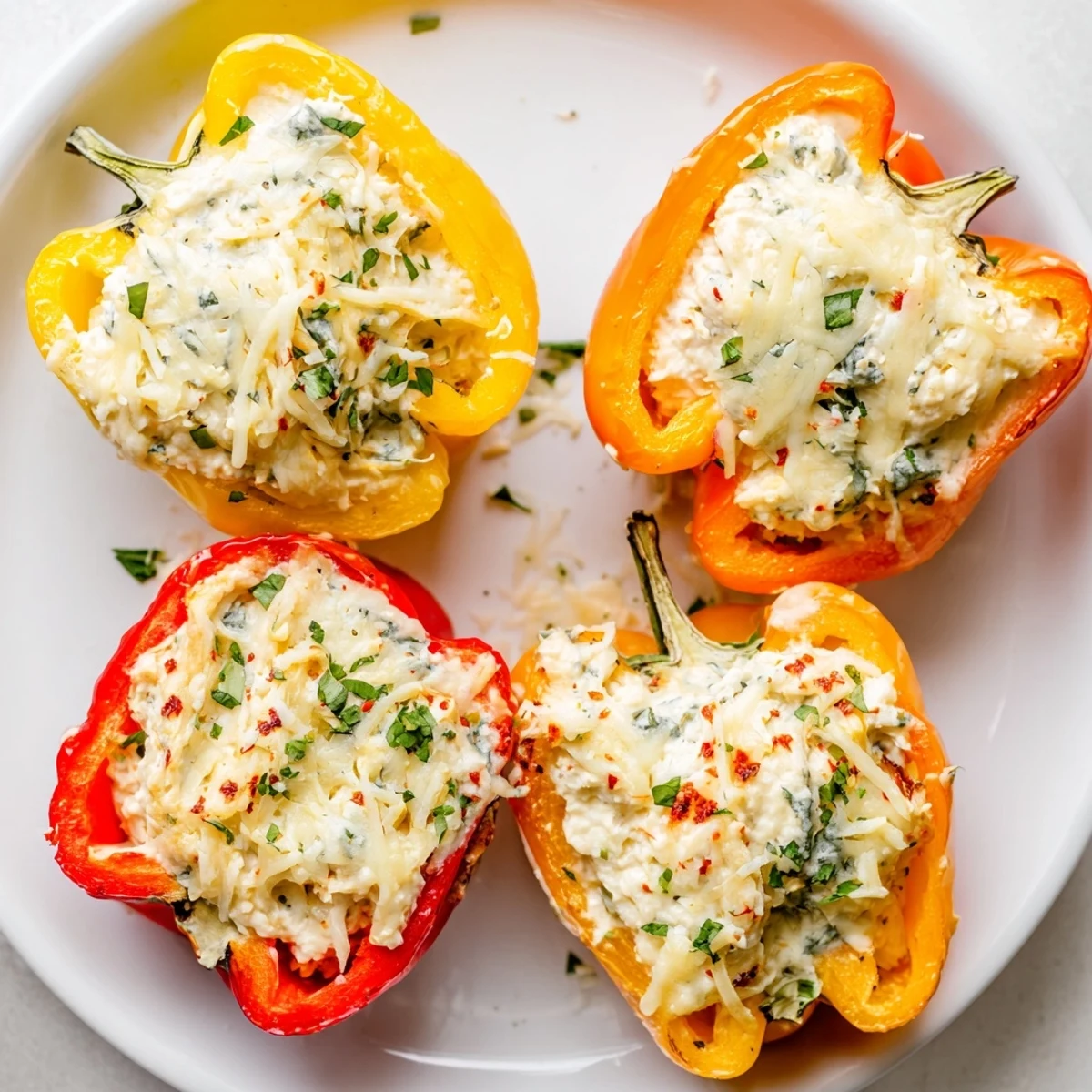 Herby Ricotta Stuffed Peppers bubbling with golden tops, fragrant basil and lemon