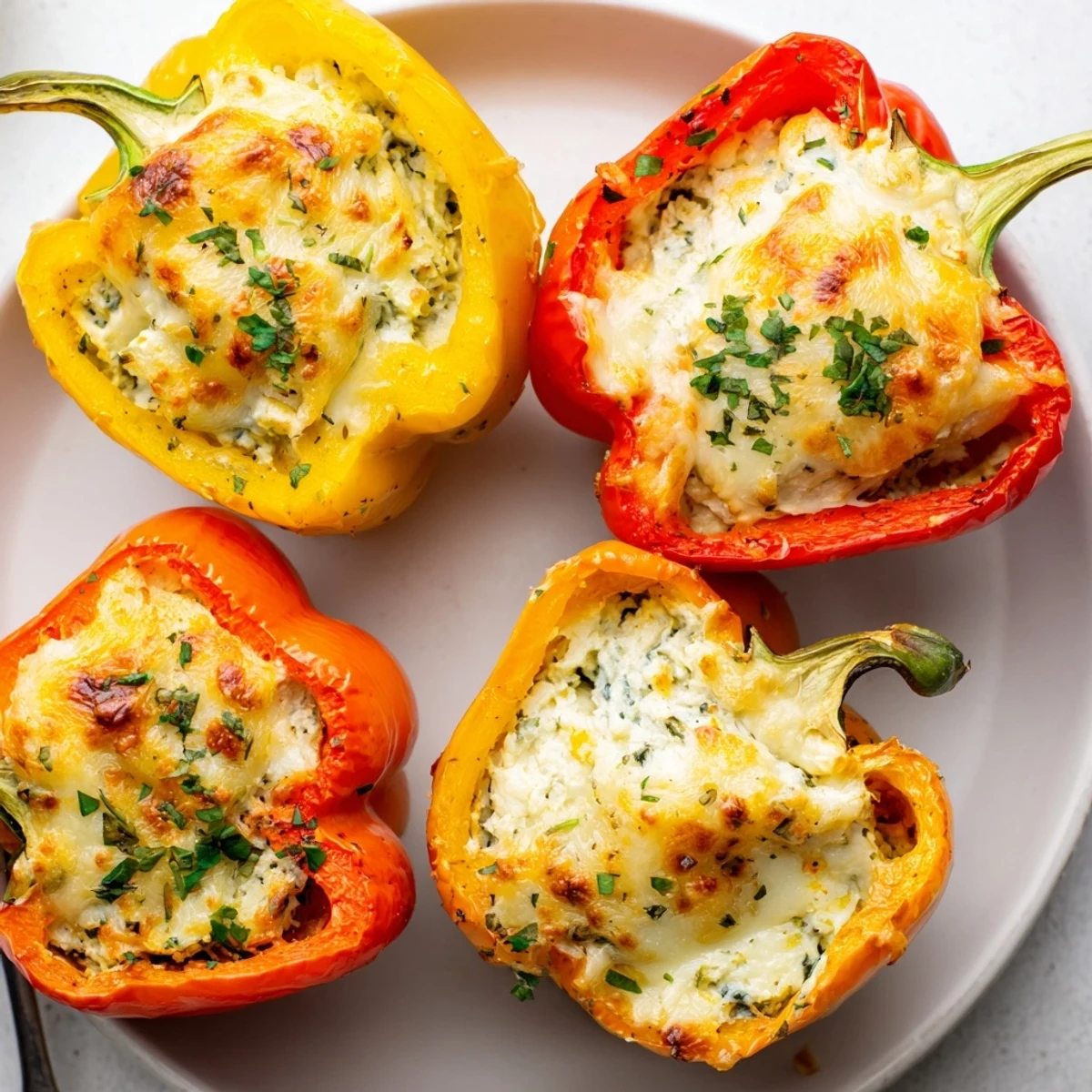 Sliced Herby Ricotta Stuffed Peppers showing creamy filling, fresh herbs and melted cheese