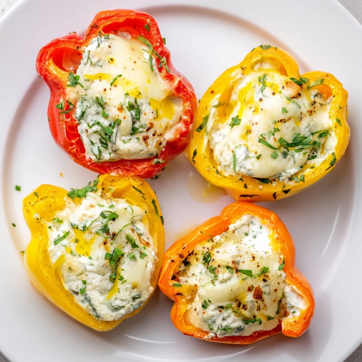Warm Herby Ricotta Stuffed Peppers served on a rustic plate with salad