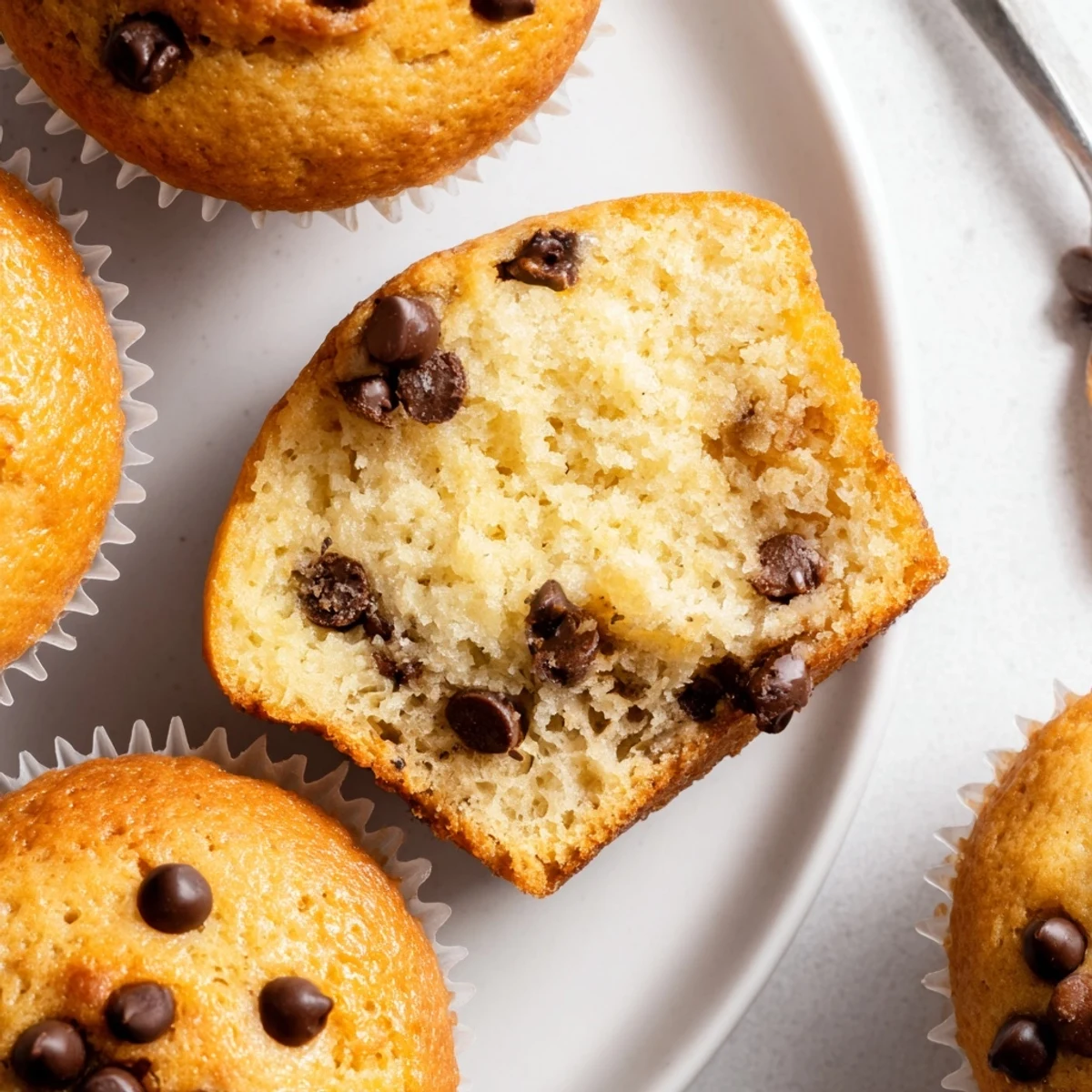 Little Bites Mini Muffins warm and golden, dotted with melty chocolate chips