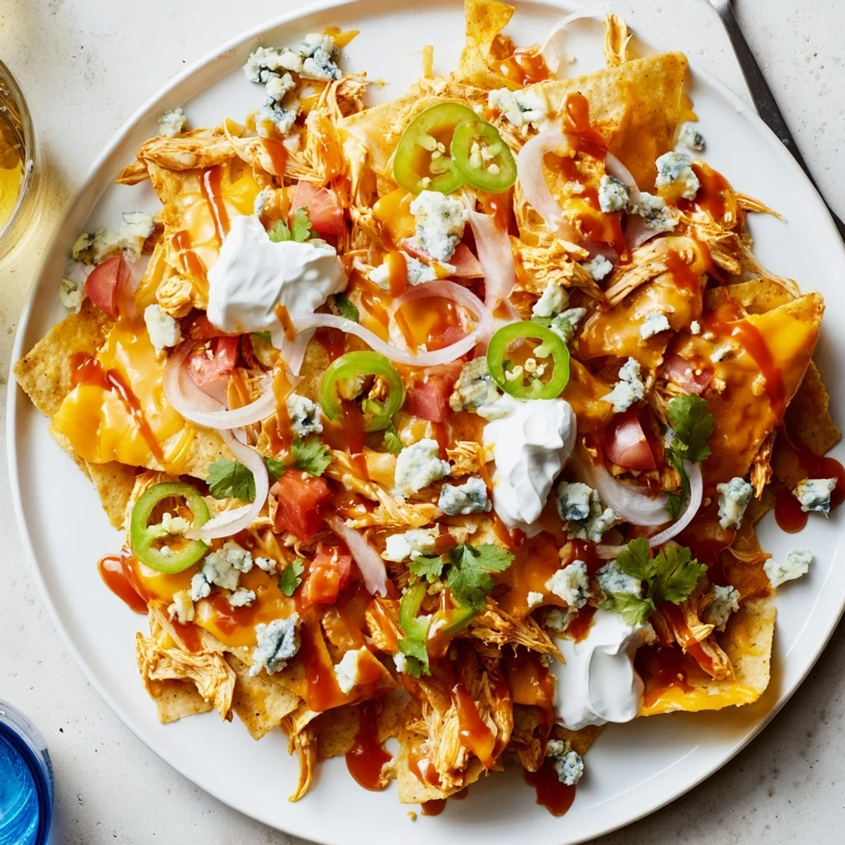Oven-baked Buffalo Chicken Nachos bubbling with cheese, jalapeños, and blue cheese crumbles