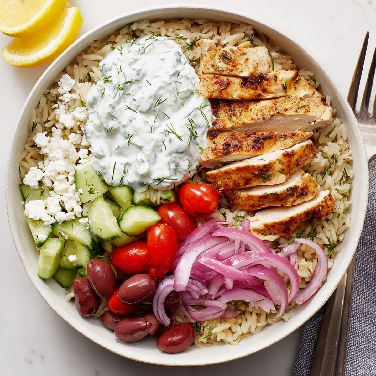 Greek Chicken Bowls with juicy marinated chicken, creamy tzatziki, bright lemon wedges