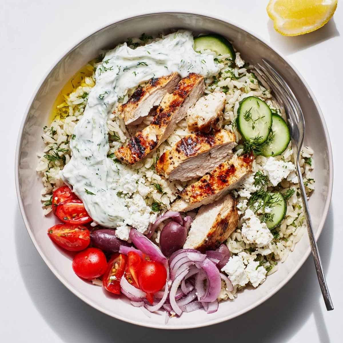 Greek Chicken Bowls layered over herbed rice, cherry tomatoes, Kalamata olives, crumbled feta