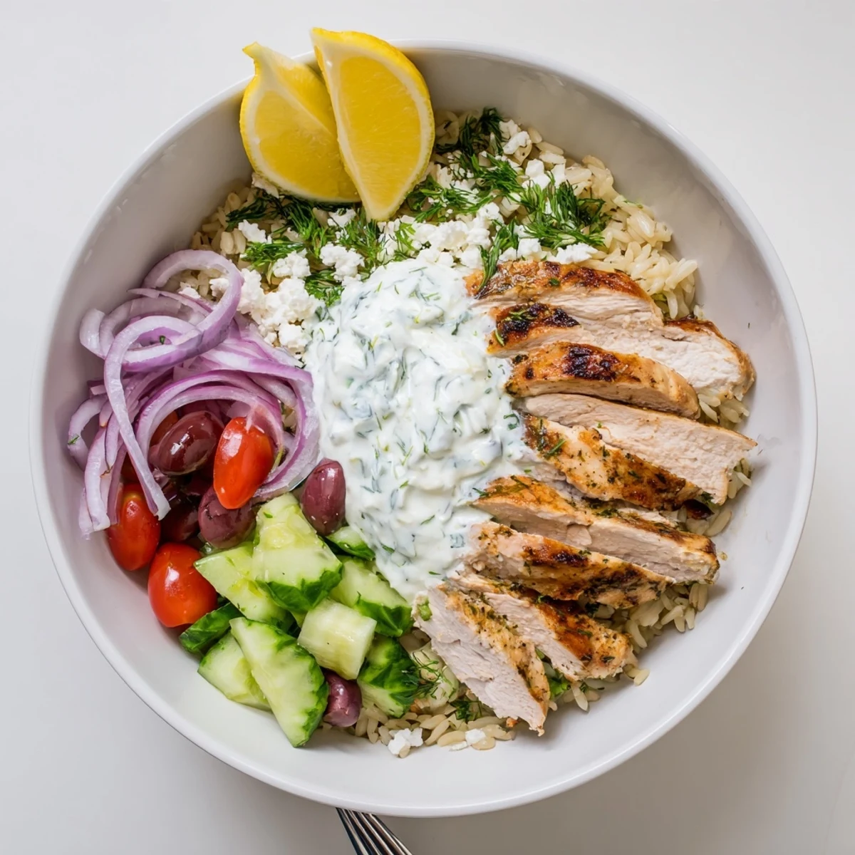 Greek Chicken Bowls served with warm grilled pita and fresh cucumber salad