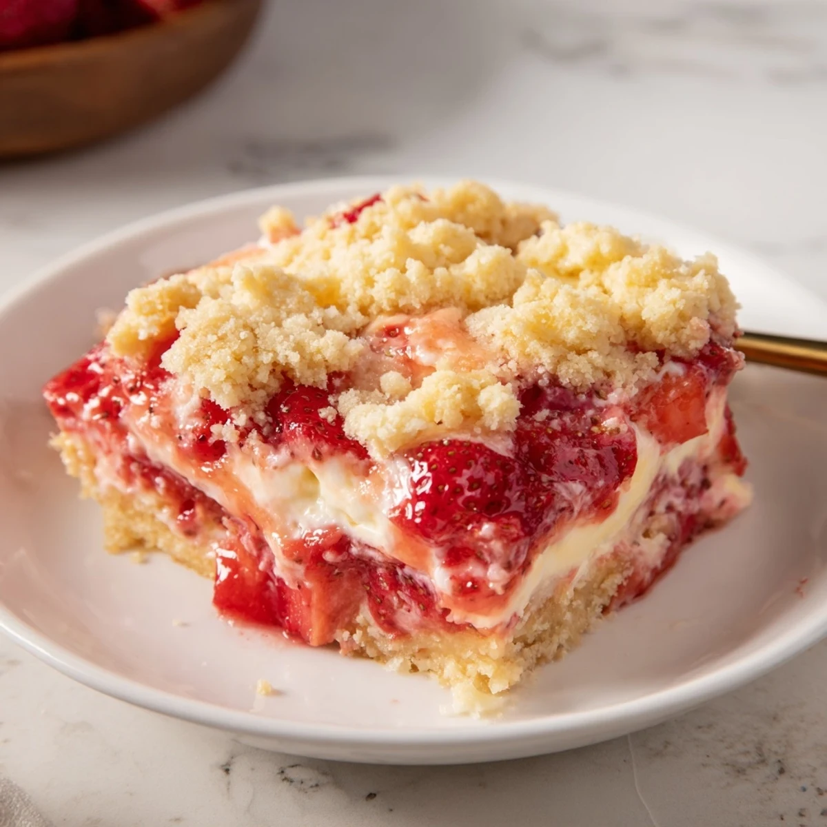 Golden Strawberry Cheesecake Dump Cake bubbling in a buttery 9x13 dish