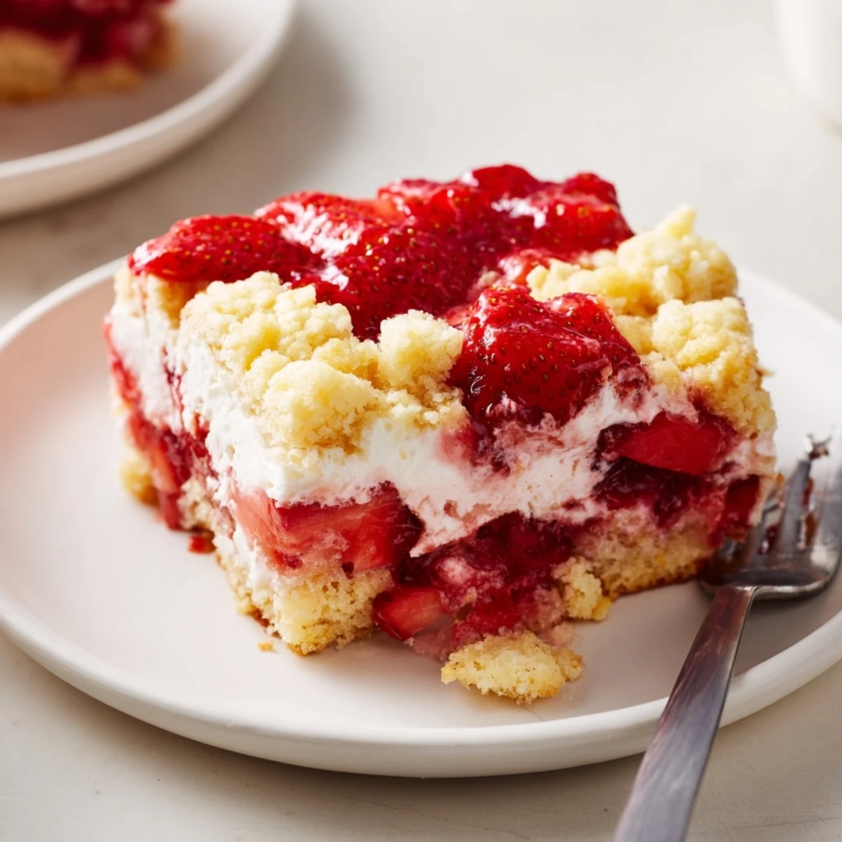 Juicy strawberries and creamy cheesecake swirls crown Strawberry Cheesecake Dump Cake