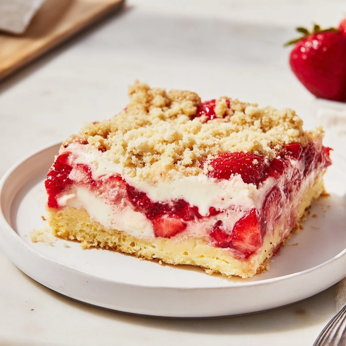 Serve warm Strawberry Cheesecake Dump Cake with vanilla ice cream for gooey contrast