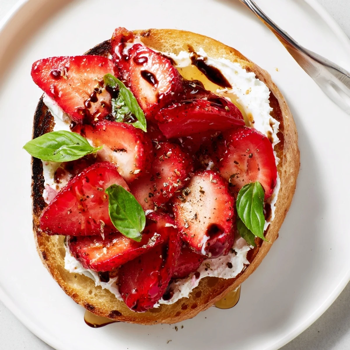Toasted Strawberry Ricotta Bruschetta topped with glossy balsamic glaze and basil