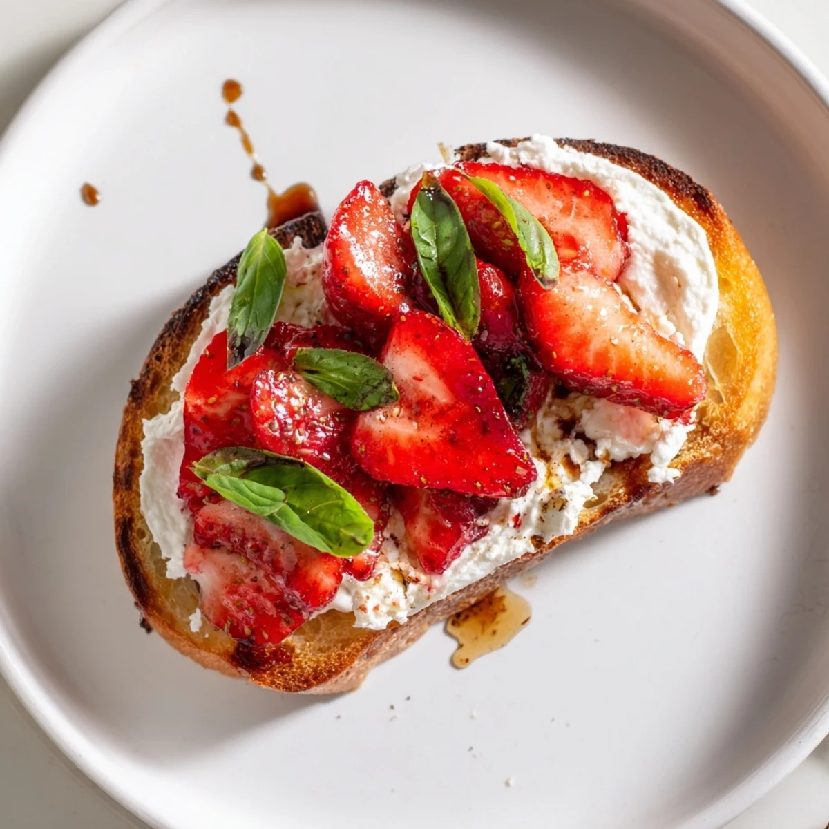 Creamy Strawberry Ricotta Bruschetta on golden baguette slices, honey-drizzled, ready to serve
