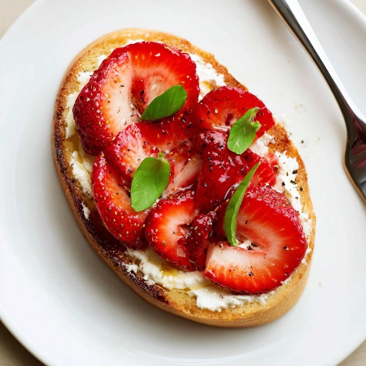 Fresh Strawberry Ricotta Bruschetta with fragrant basil, cracked pepper, perfect appetizer