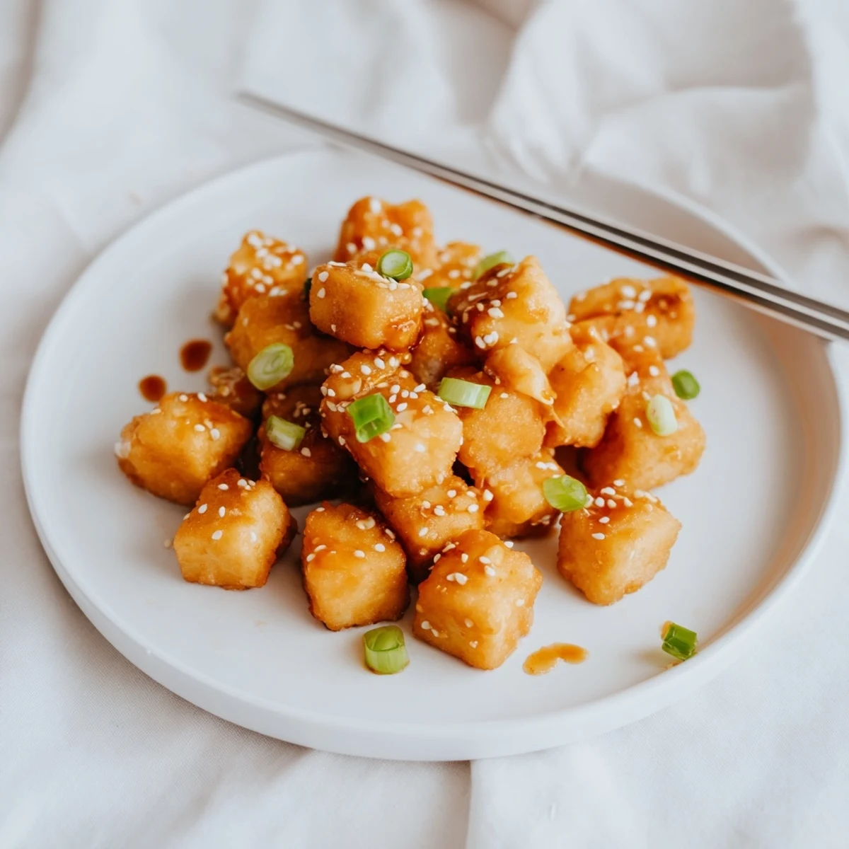 Golden crispy honey garlic tofu cubes coated in sticky sweet glaze