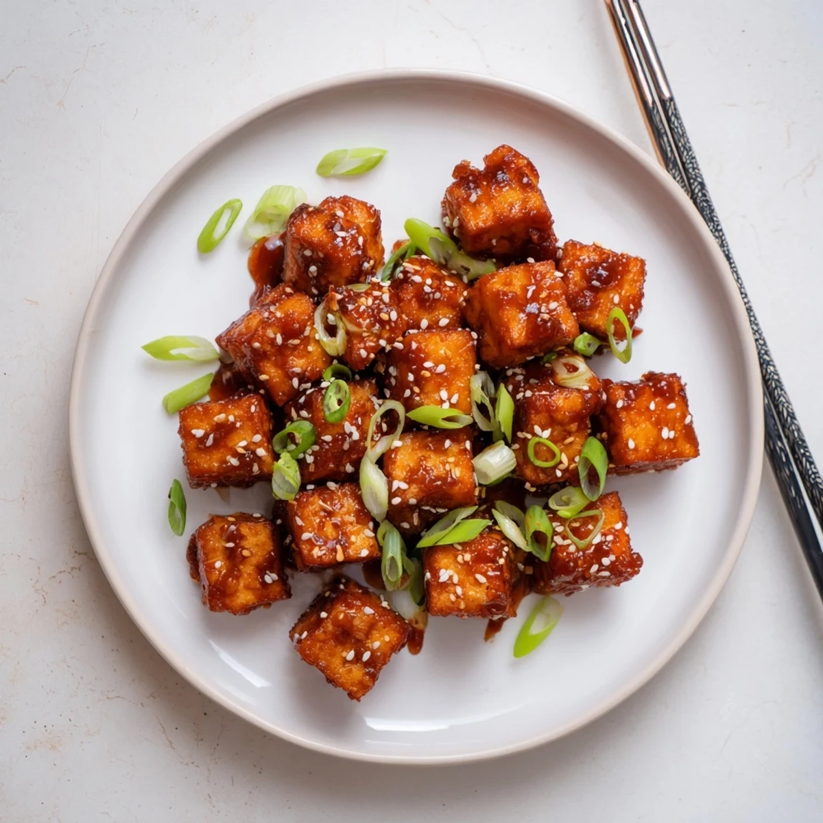 Crispy honey garlic tofu served over white rice with green onion garnish
