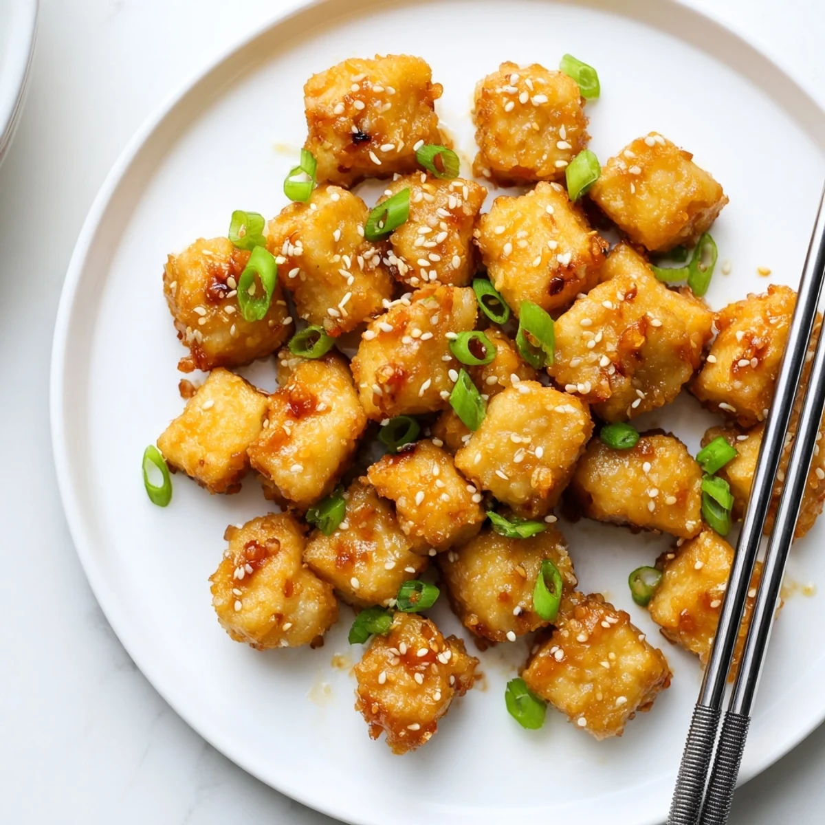 Pan-fried honey garlic tofu with glistening sauce and sesame seed topping