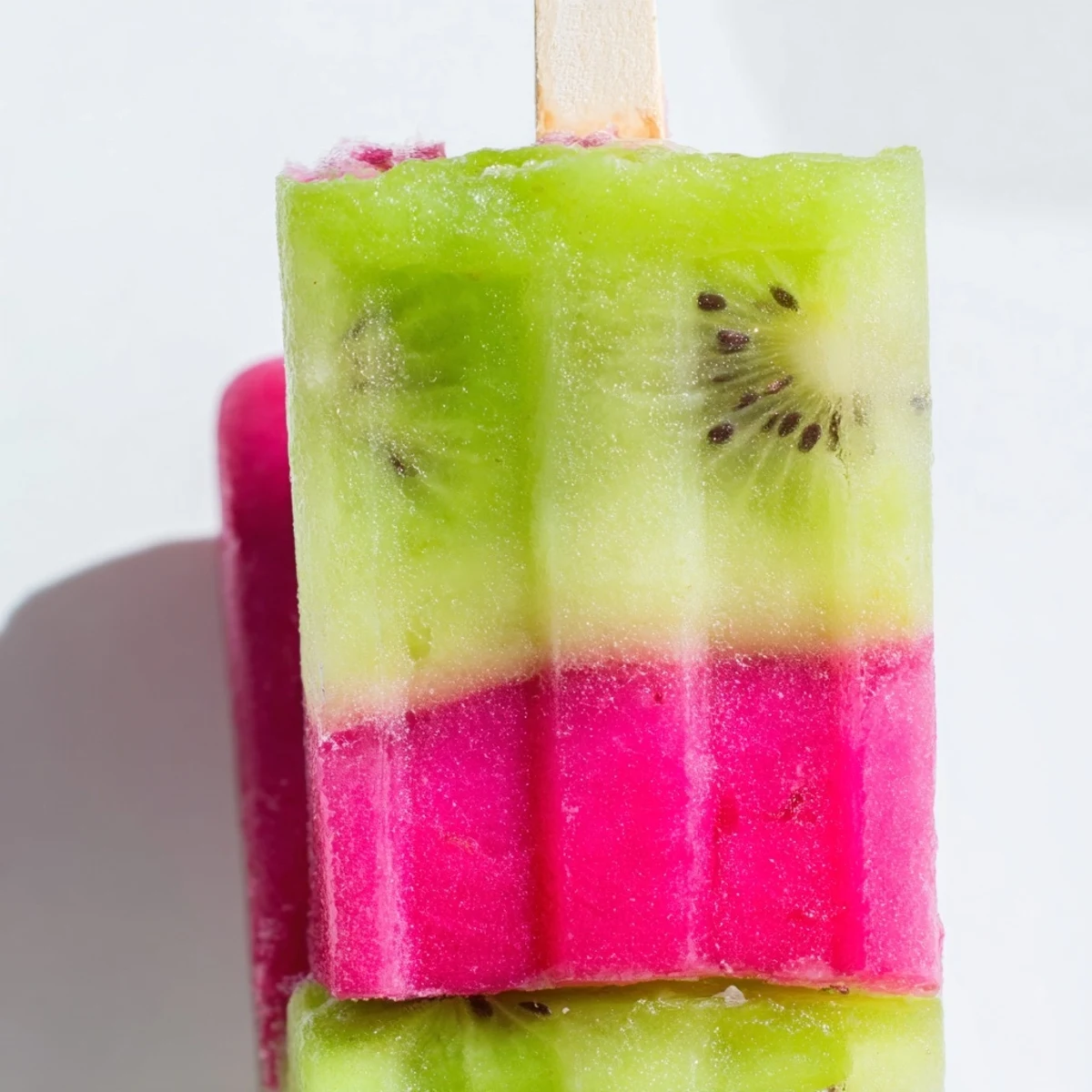 Frozen watermelon kiwi fruit pops swirled with juicy red and green fruit puree layers