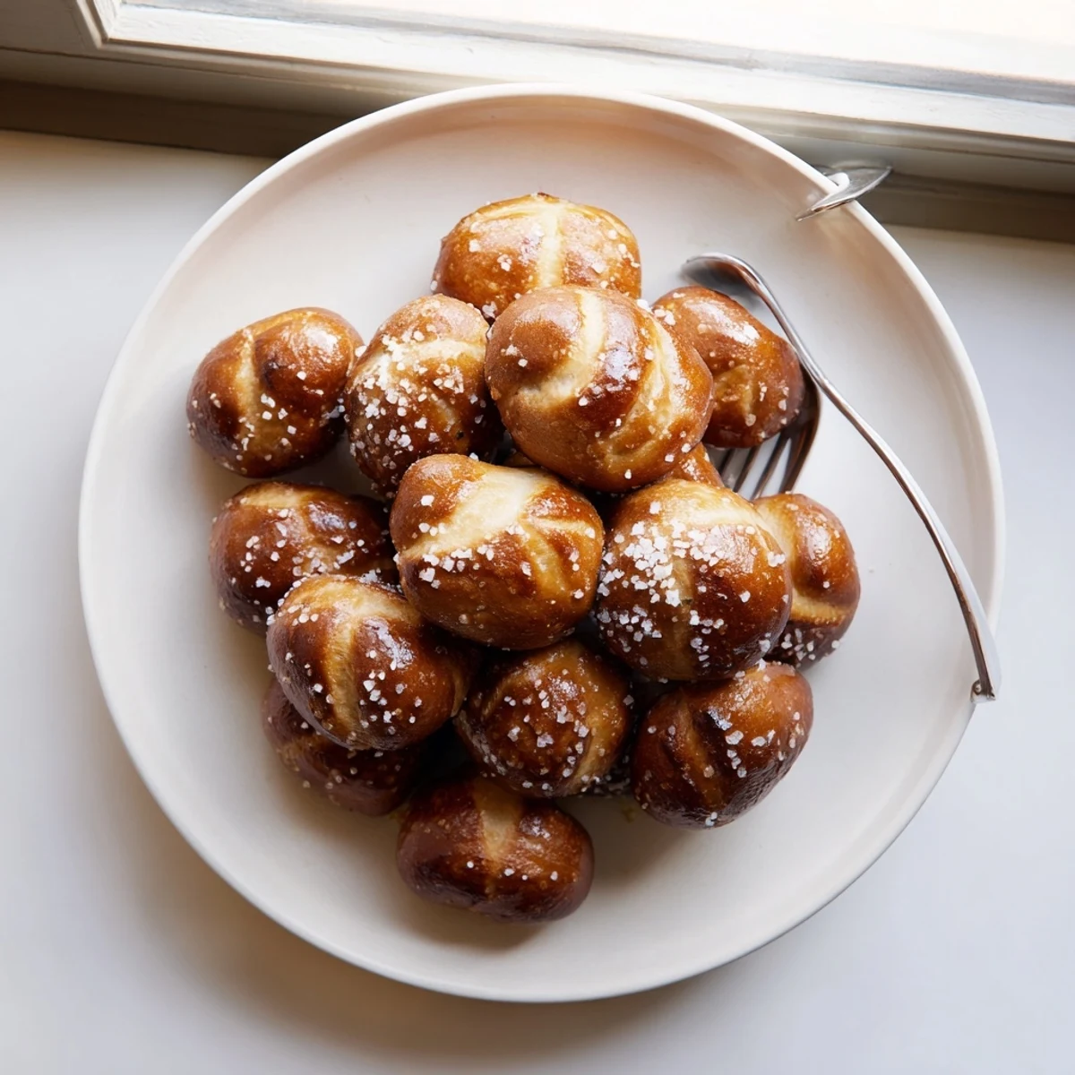 Golden brown homemade soft pretzel bites sprinkled with coarse sea salt on a wooden board