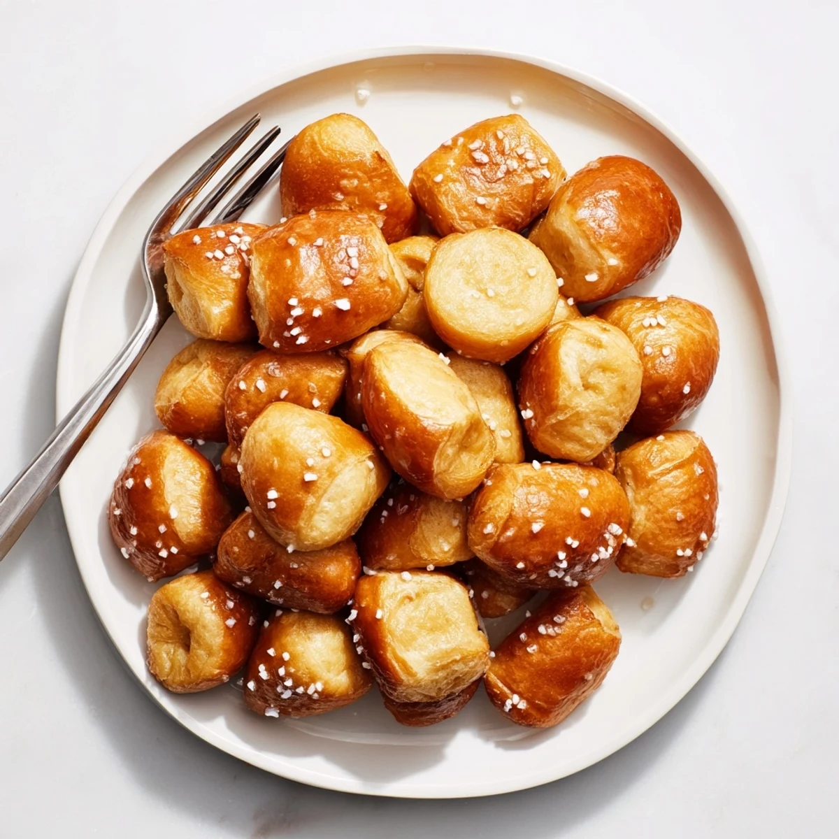 Warm soft pretzel bites arranged on a platter ready for dipping in mustard or cheese