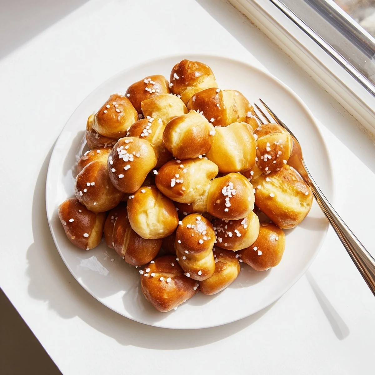 Chewy pretzel bites fresh from the oven with glossy egg wash and salty topping