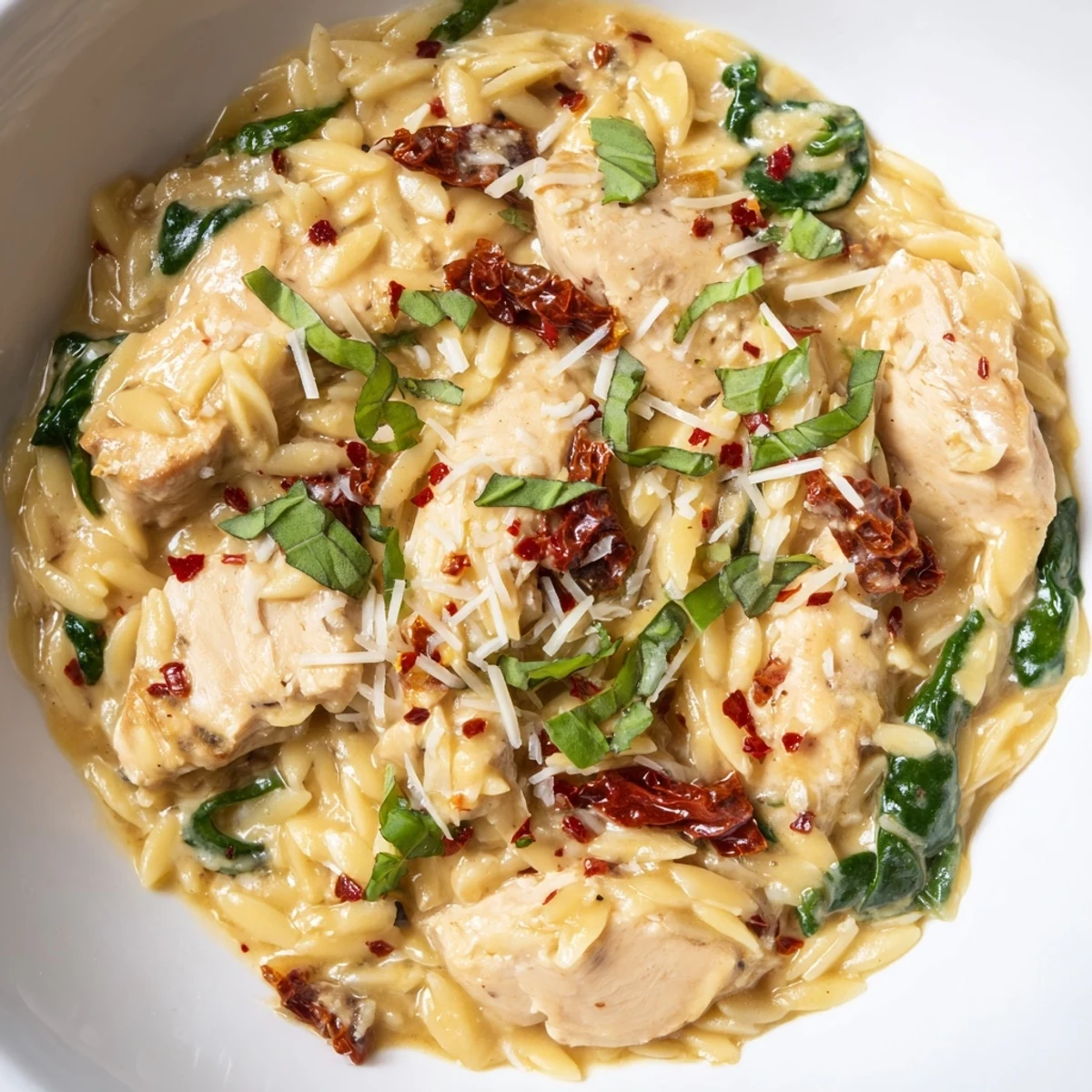 Creamy Marry Me Chicken Orzo simmered with sundried tomatoes and tender sliced chicken breasts in a skillet