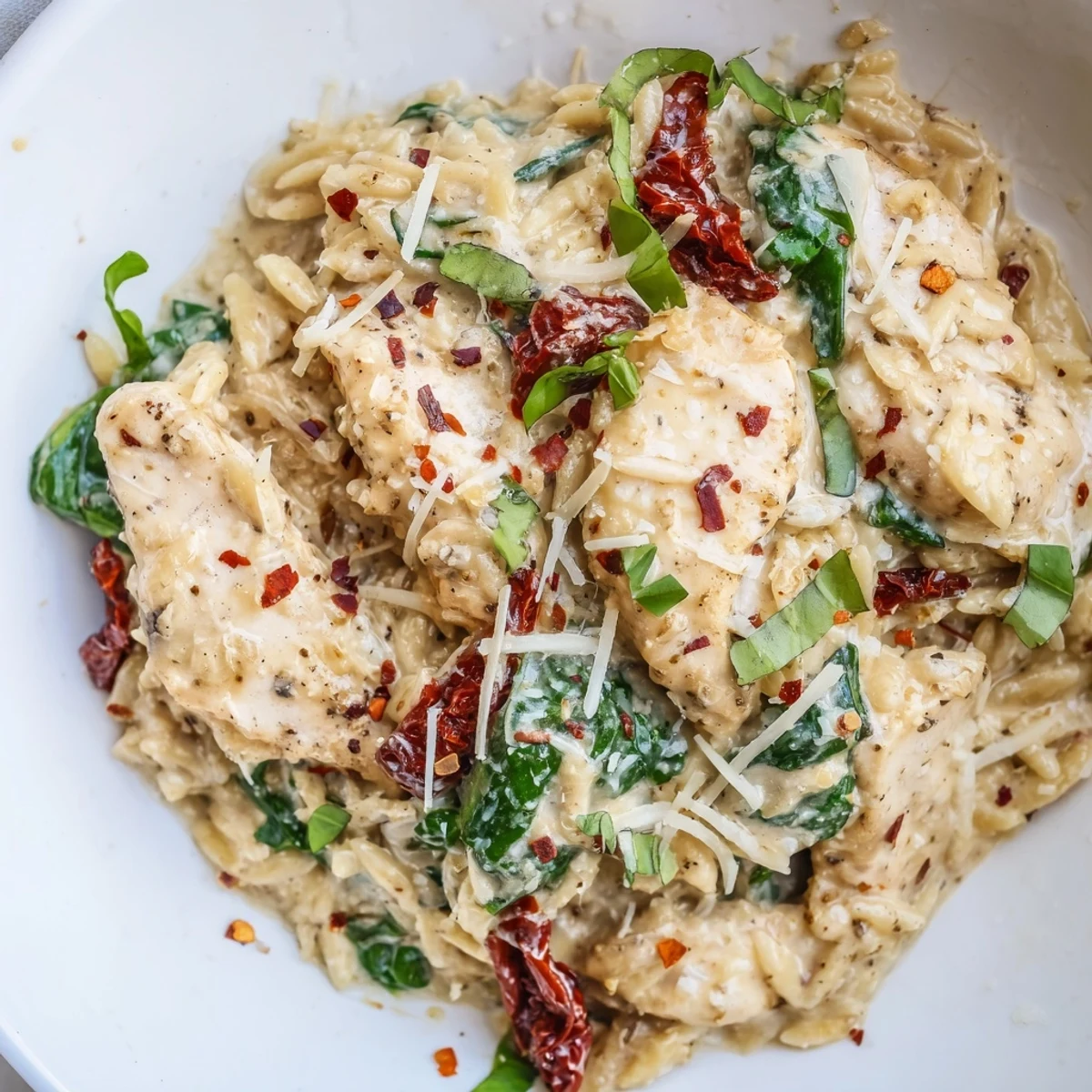 Golden brown chicken breasts served over rich orzo pasta with sundried tomato cream sauce and fresh basil garnish