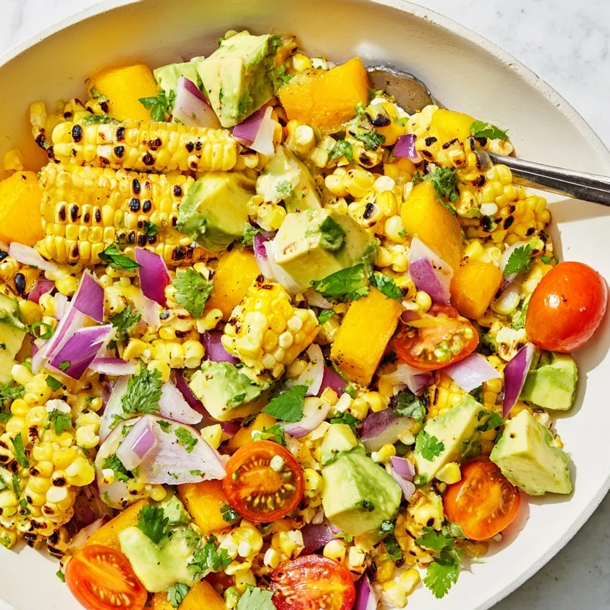 Golden charred corn kernels mixed with creamy avocado chunks and vibrant tropical mango pineapple pieces in a lime dressing