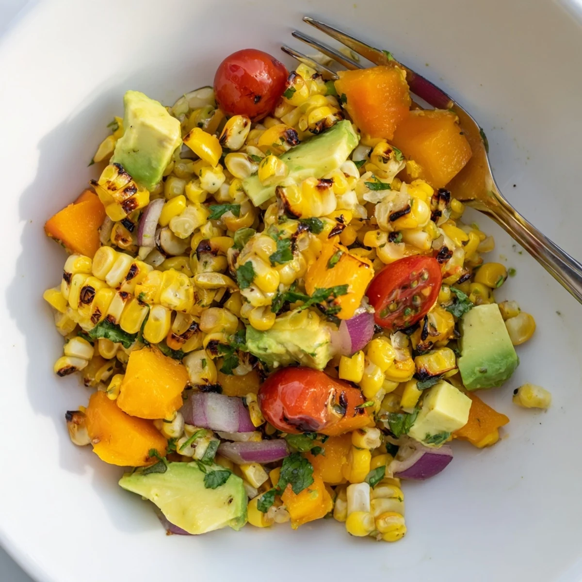 Colorful bowl of grilled corn salad featuring ripe avocado diced mango fresh pineapple and cherry tomatoes with cilantro garnish