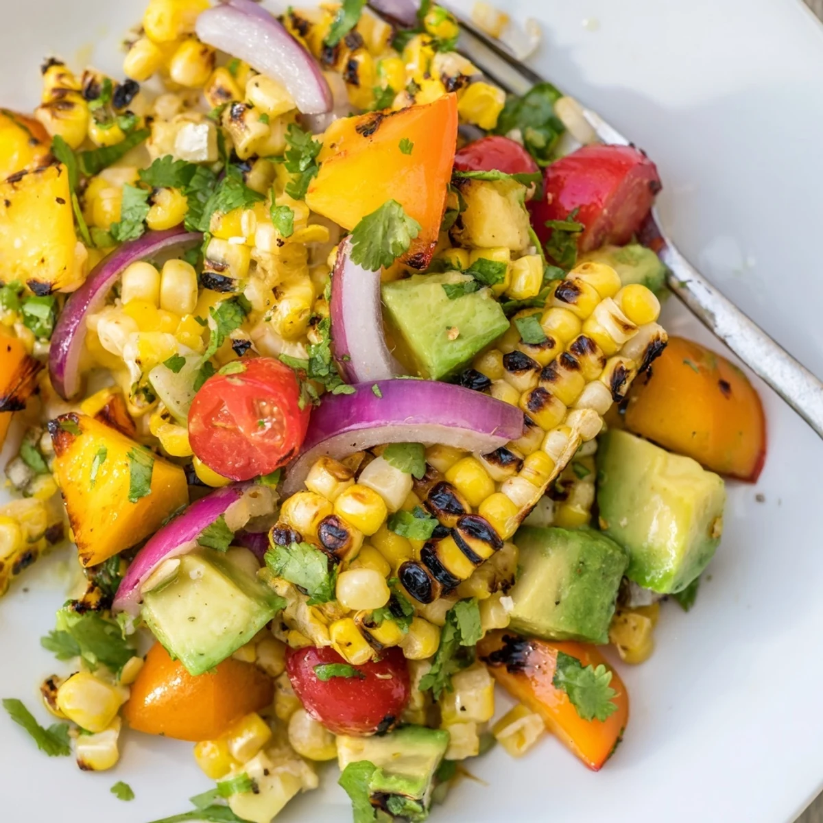 Summer side dish displaying sweet corn avocado tropical fruit salad drizzled with zesty lime and sprinkled with fresh herbs
