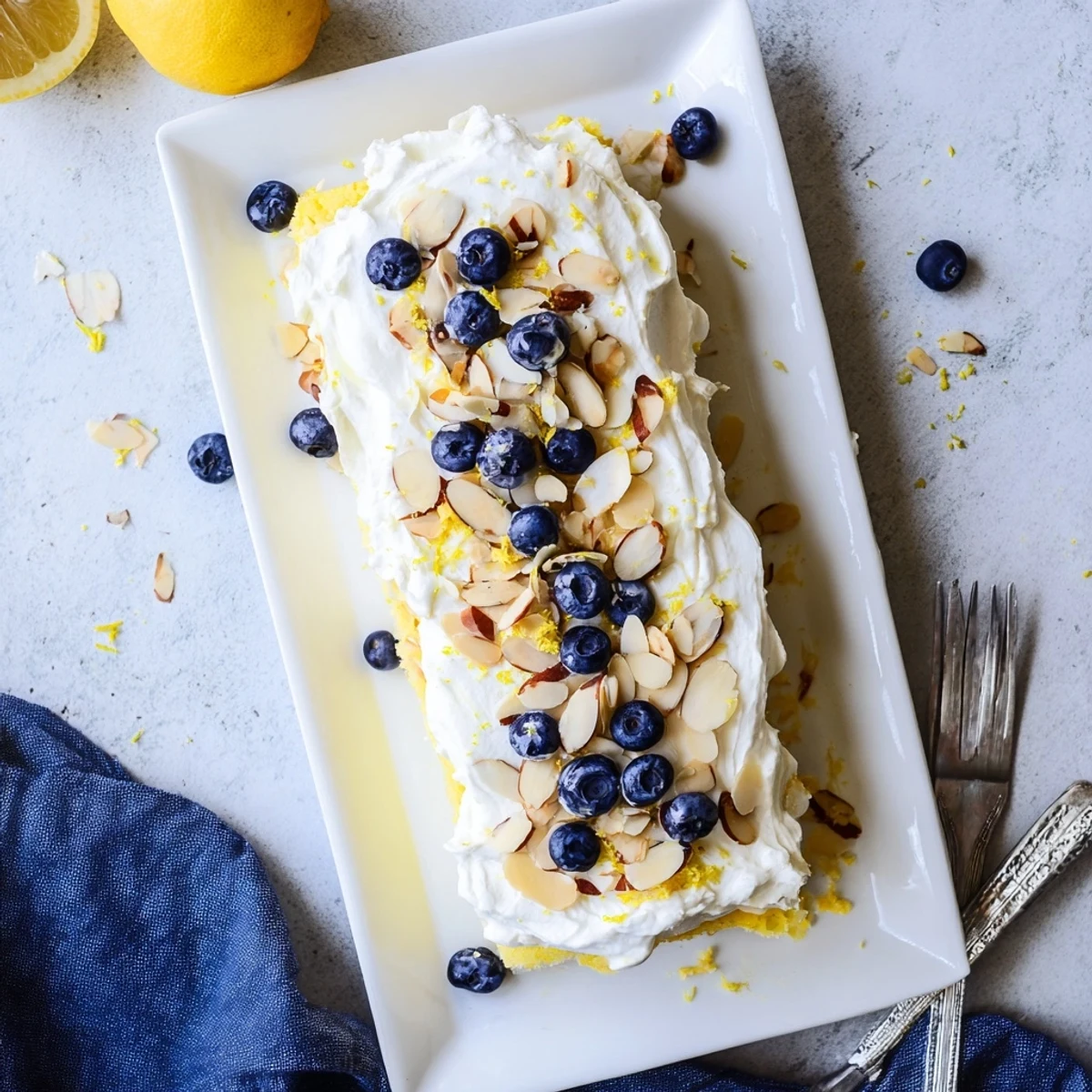 Golden lemon blueberry poke cake drizzled with tangy syrup and topped with fluffy whipped cream and crunchy toasted almonds