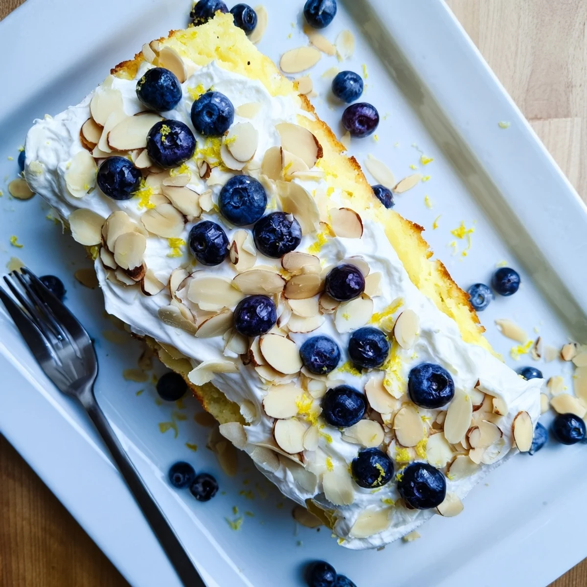 Moist lemon cake studded with juicy blueberries and finished with sweet cream frosting and nutty almond garnish