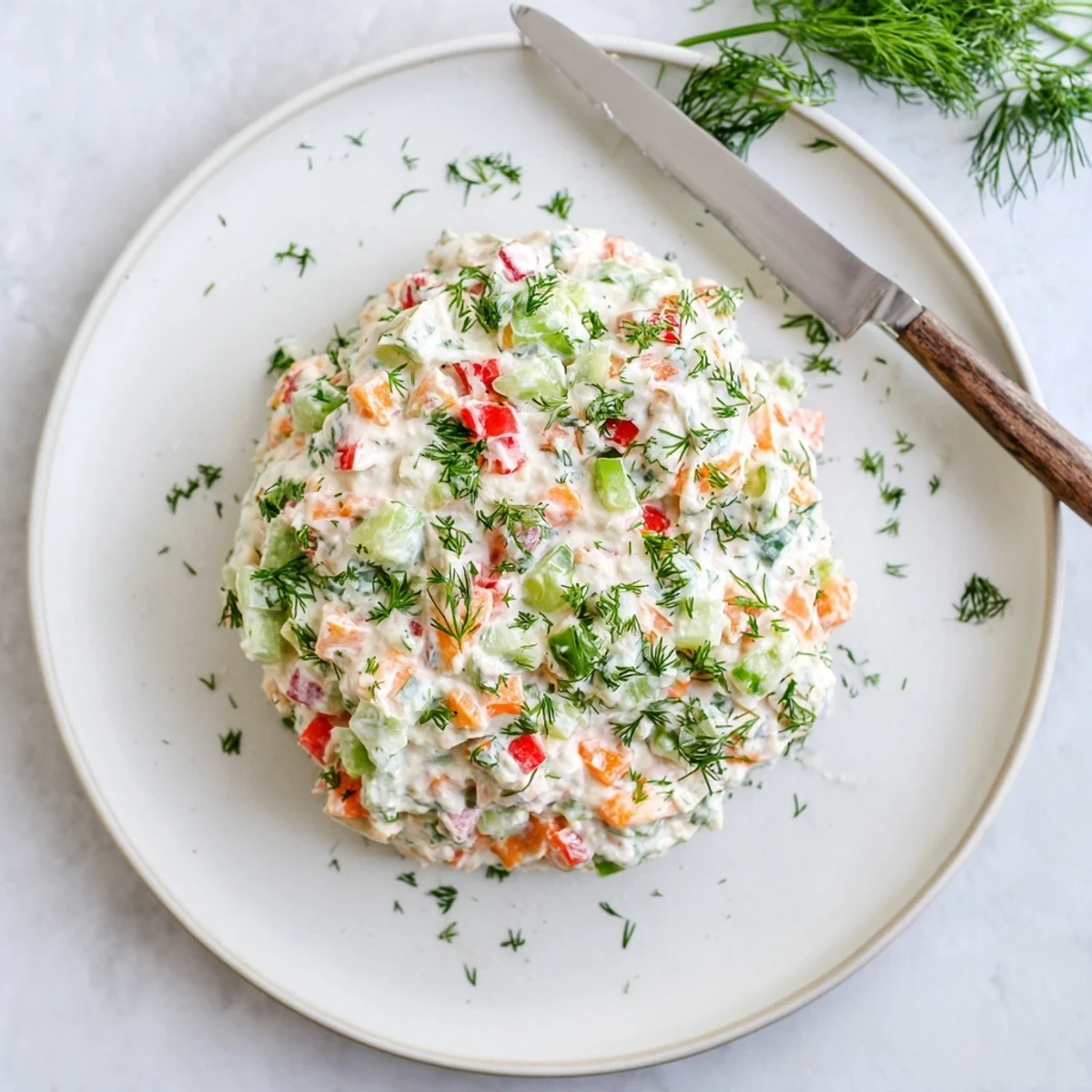 Creamy garden vegetable spread featuring colorful diced peppers and herbs atop crackers