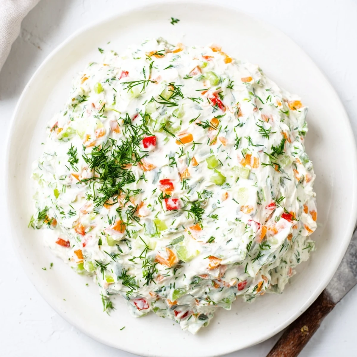 Fresh garden vegetable spread recipe served with crispy crackers and vegetable crudités