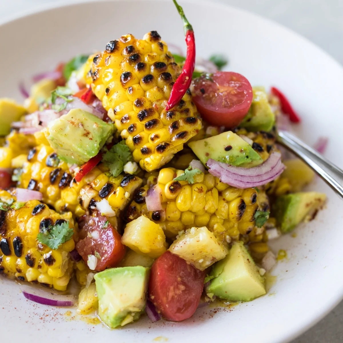 Tropical Charred Corn And Avocado Salad with smoky grilled corn, juicy pineapple  
