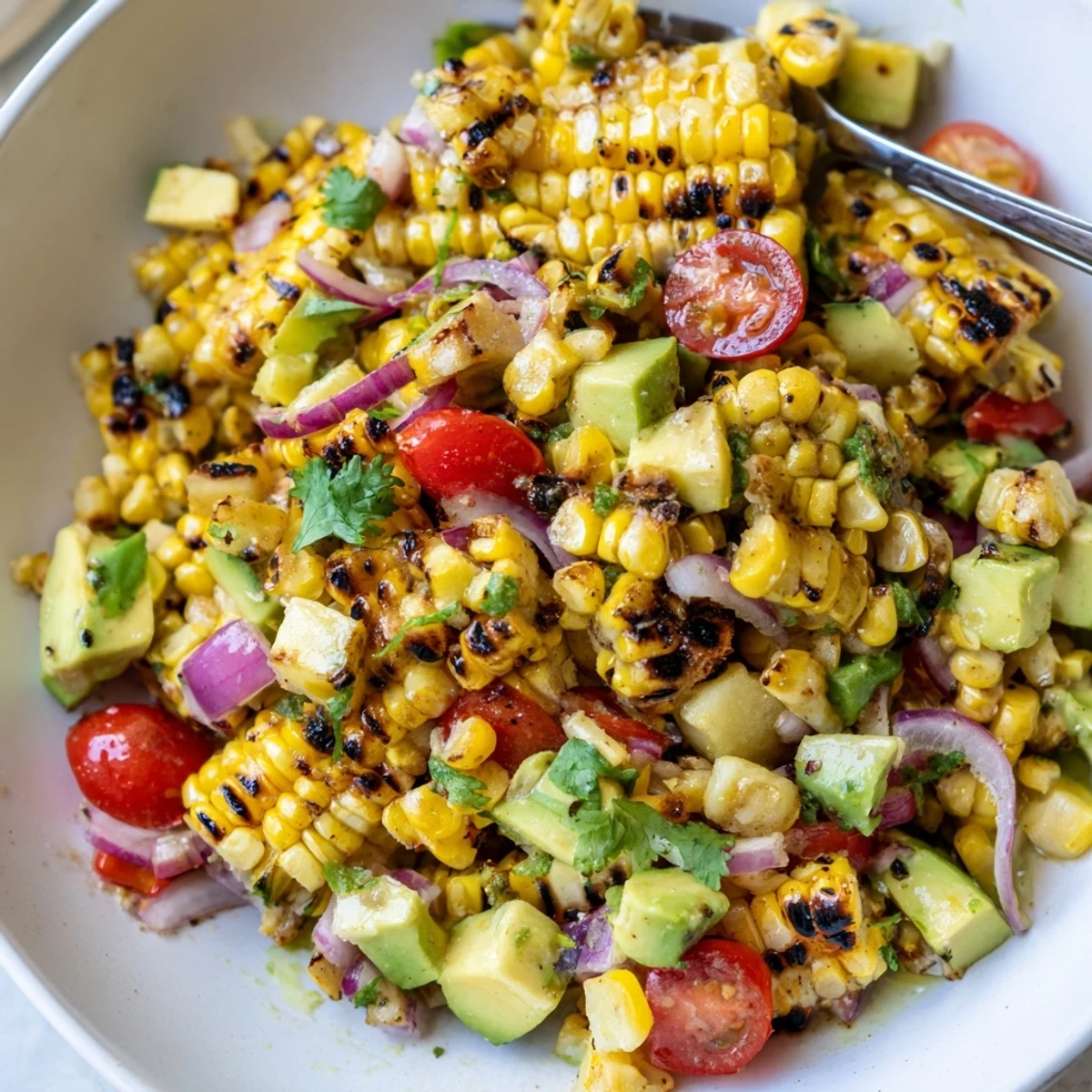 Tropical Charred Corn And Avocado Salad served chilled with tortilla chips and cilantro