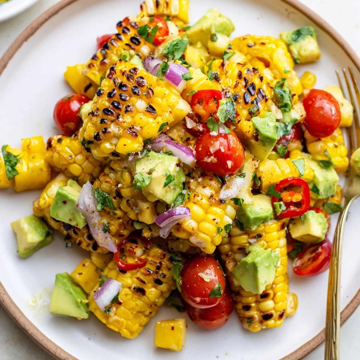 Bright Tropical Charred Corn And Avocado Salad tossed in lime and cumin dressing, cilantro  