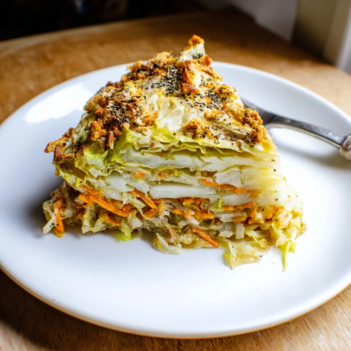 Slow Roasted Cabbage And Sauerkraut Casserole bubbling with golden breadcrumb crust, savory aroma