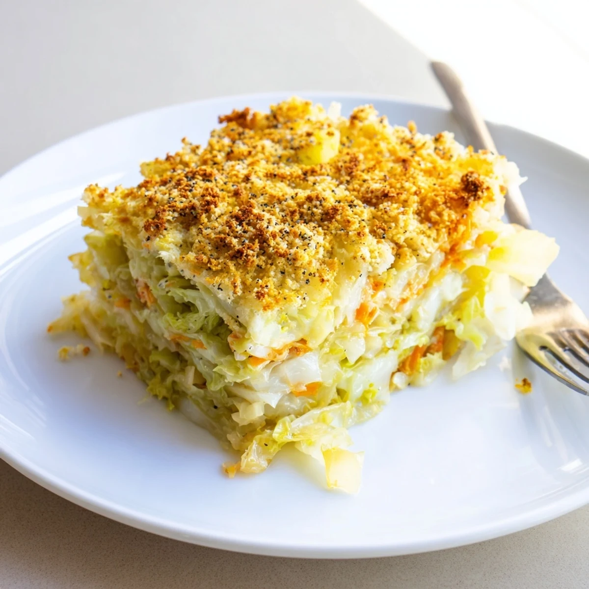 Hearty Slow Roasted Cabbage And Sauerkraut Casserole served warm with rye bread