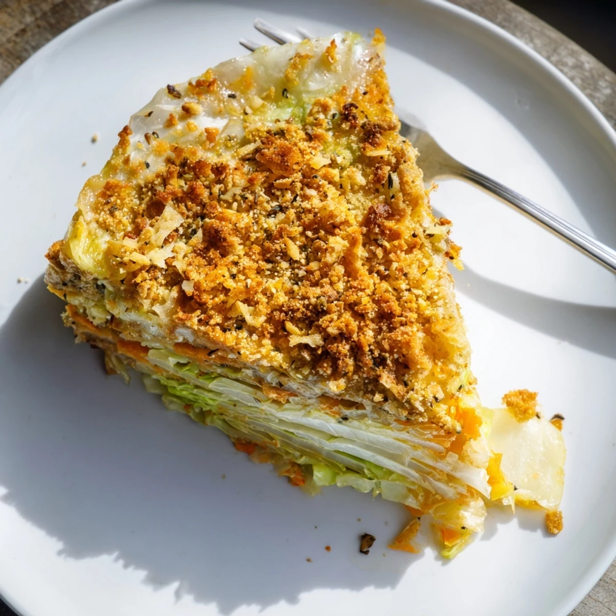 Warm Slow Roasted Cabbage And Sauerkraut Casserole topped with parsley, tangy sauerkraut bite