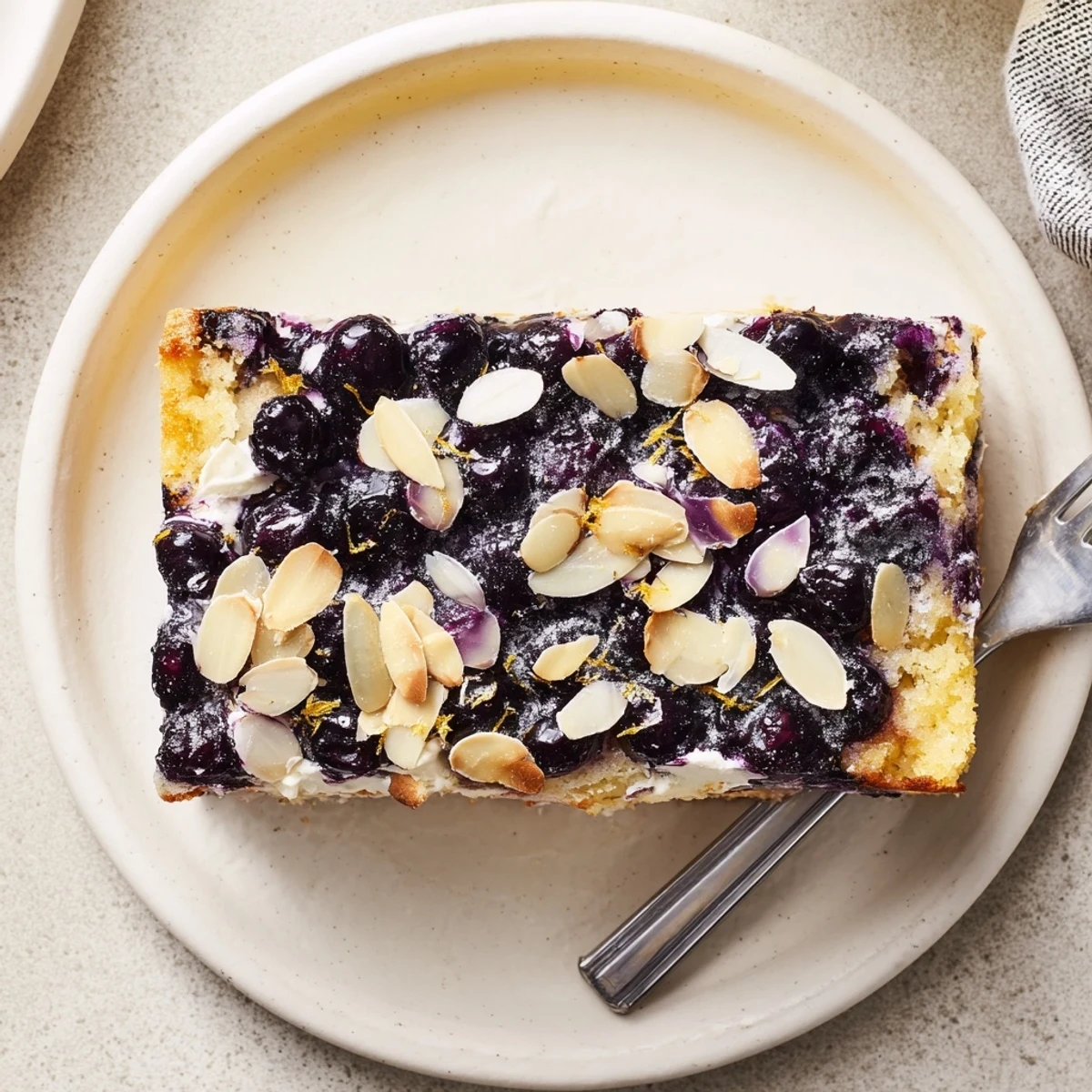 Chilled slice of Lemon Blueberry Poke Cake With Almond Topping with crunchy almonds.