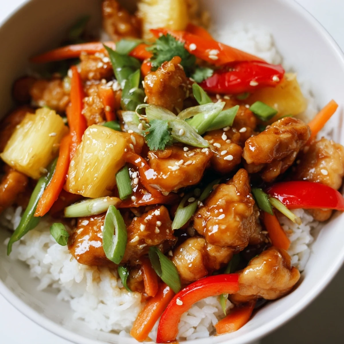 Colorful pineapple chicken rice bowl with tender chicken, crisp vegetables, and juicy pineapple chunks