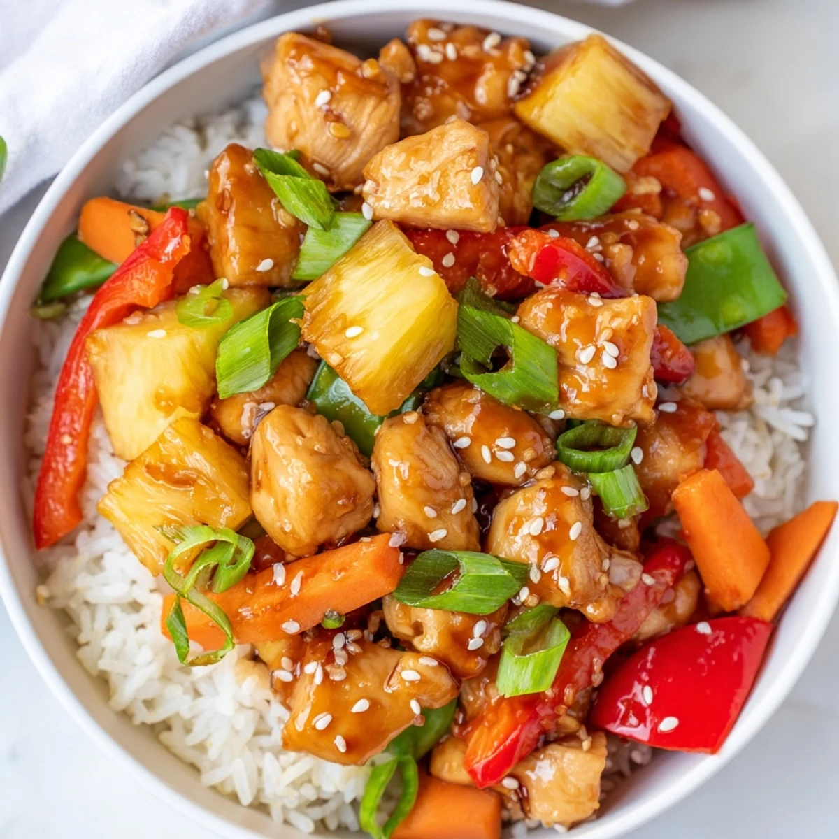 Golden pineapple chicken rice bowl topped with sesame seeds and fresh cilantro