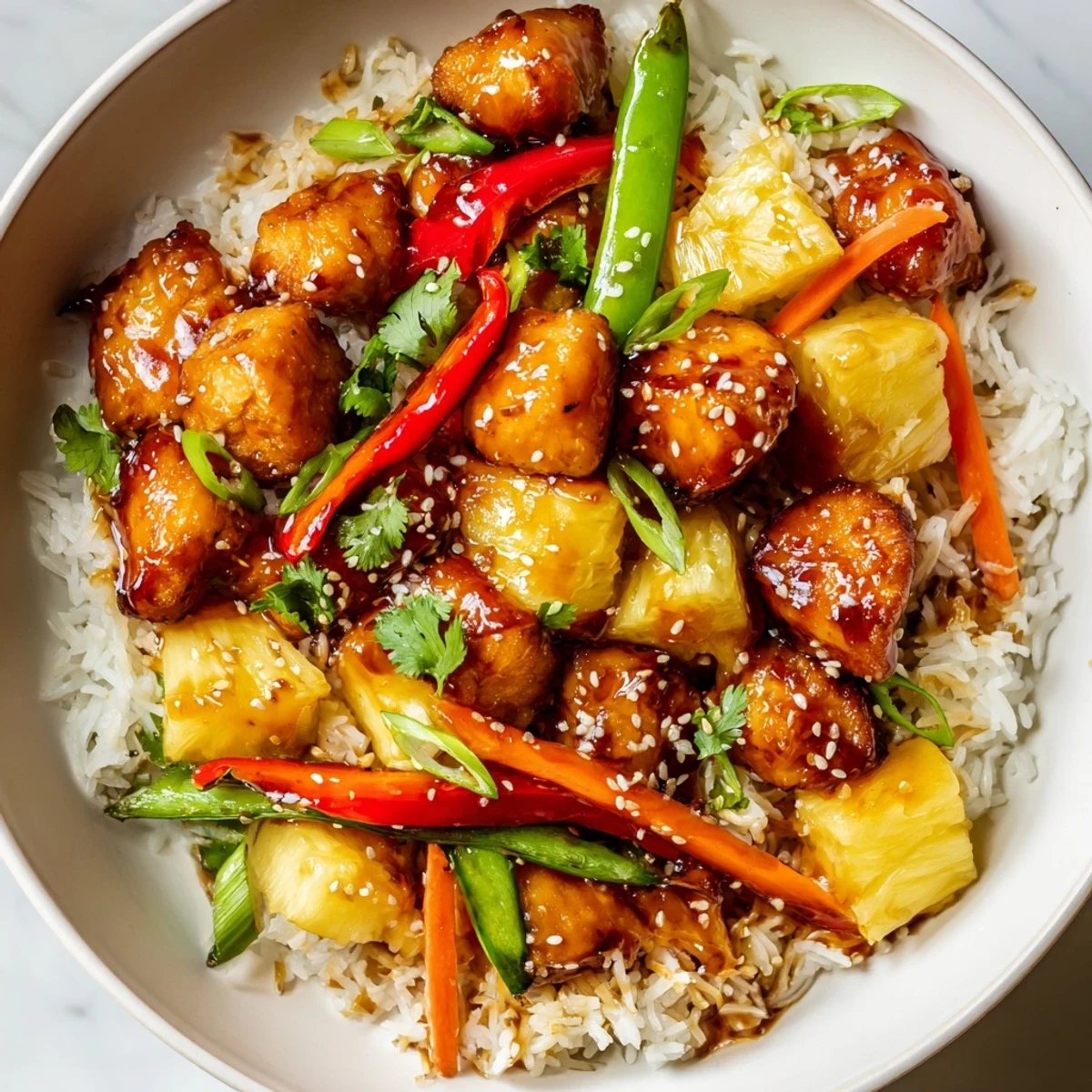 Steaming pineapple chicken rice bowl drizzled with savory sweet sauce and bright lime wedge