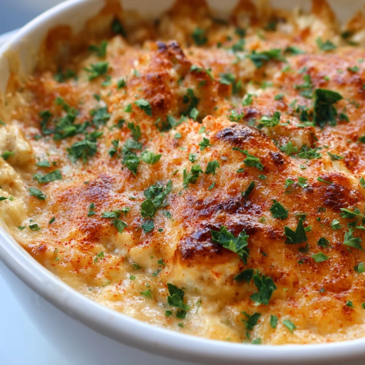 Golden bubbling cheesy jumbo lump crab au gratin fresh from the oven in a casserole dish