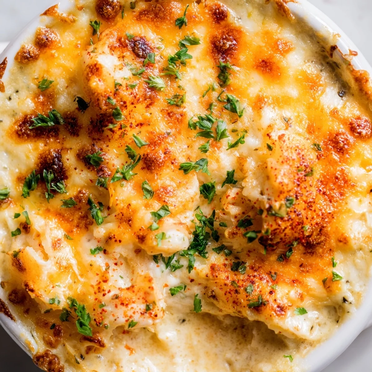 Creamy cheesy jumbo lump crab au gratin topped with melted cheddar and Gruyère cheese