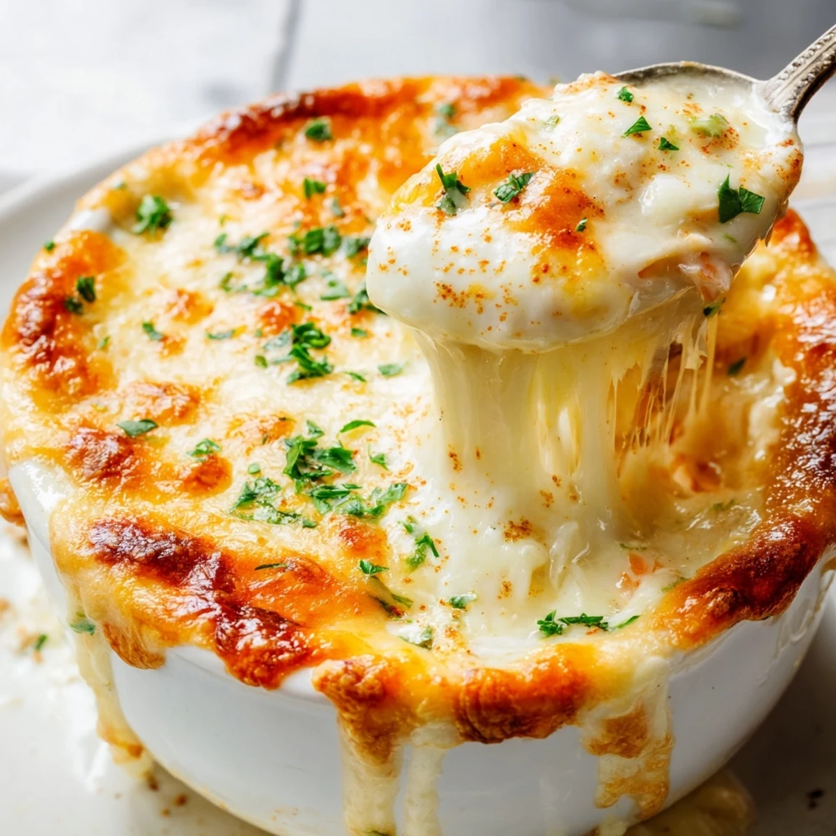 Spoonful of cheesy jumbo lump crab au gratin served with crusty bread and lemon wedges
