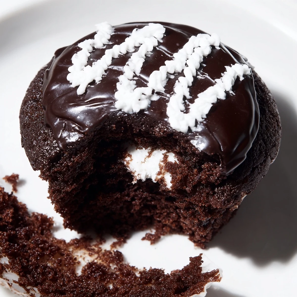 Cream-filled Homemade Hostess Cupcakes topped with shiny glaze on a wire rack