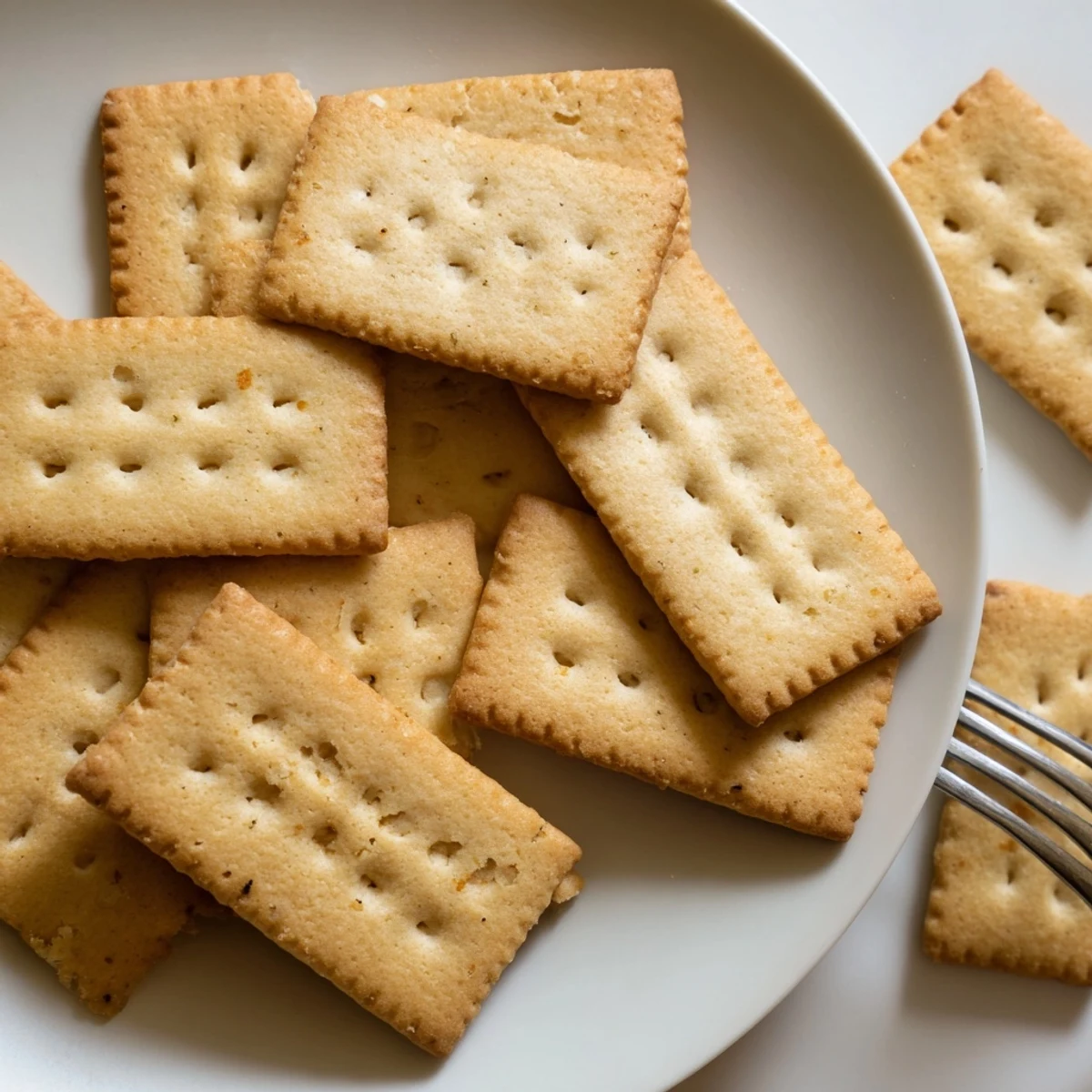 Crispy Petit Beurre cookies arranged on a plate beside a steaming coffee cup
